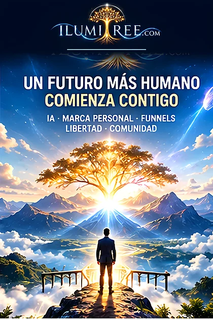 Persona contemplando un árbol de luz dorada sobre un mar de nubes: un futuro más humano con IA