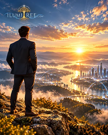 Hombre contemplando el amanecer sobre la ciudad: propósito, misión y legado