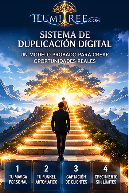 Sistema de Duplicación Digital: escalera de luz hacia un árbol dorado de oportunidades