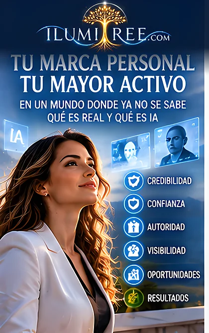 Emprendedora frente a una interfaz digital que simboliza reputación, autoridad y confianza