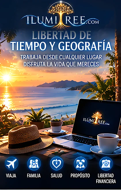 Laptop frente a una playa iluminada: libertad geográfica, familia y vida con propósito