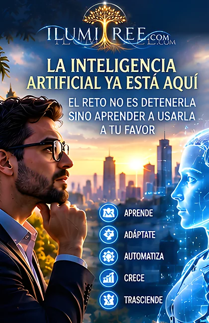 Profesional dialogando con la inteligencia artificial frente a una ciudad tecnológica al amanecer