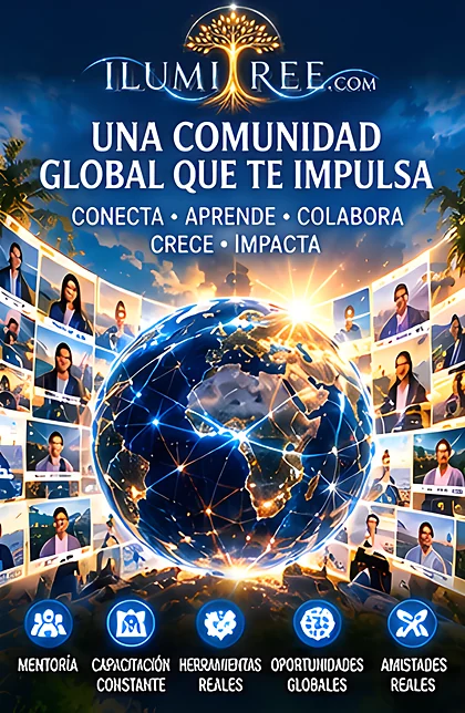 Globo luminoso rodeado de rostros: comunidad global y abundancia compartida