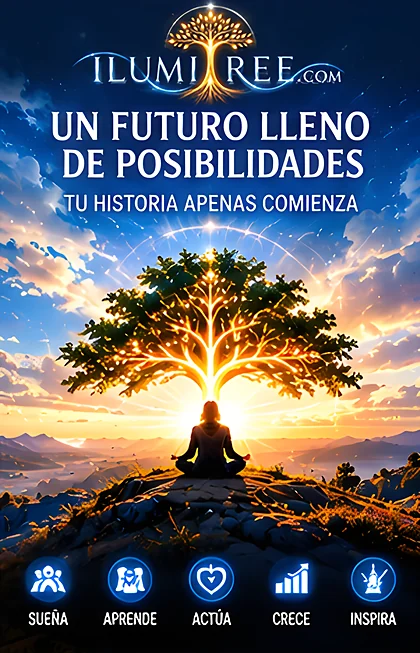 Árbol dorado luminoso en una montaña al amanecer con personas reunidas alrededor