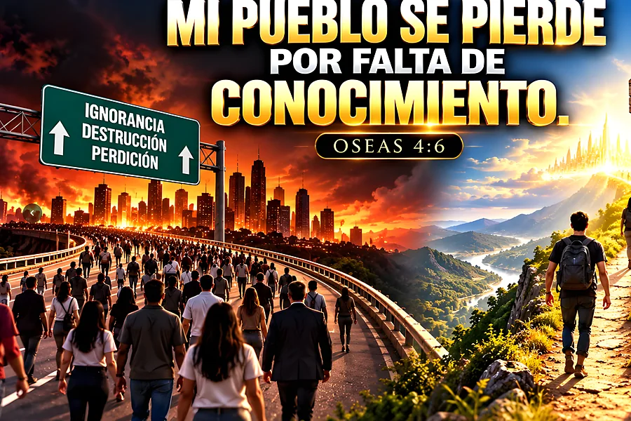 Ilustración de Oseas 4:6: multitudes hacia la destrucción por falta de conocimiento y una persona que elige el camino de la luz