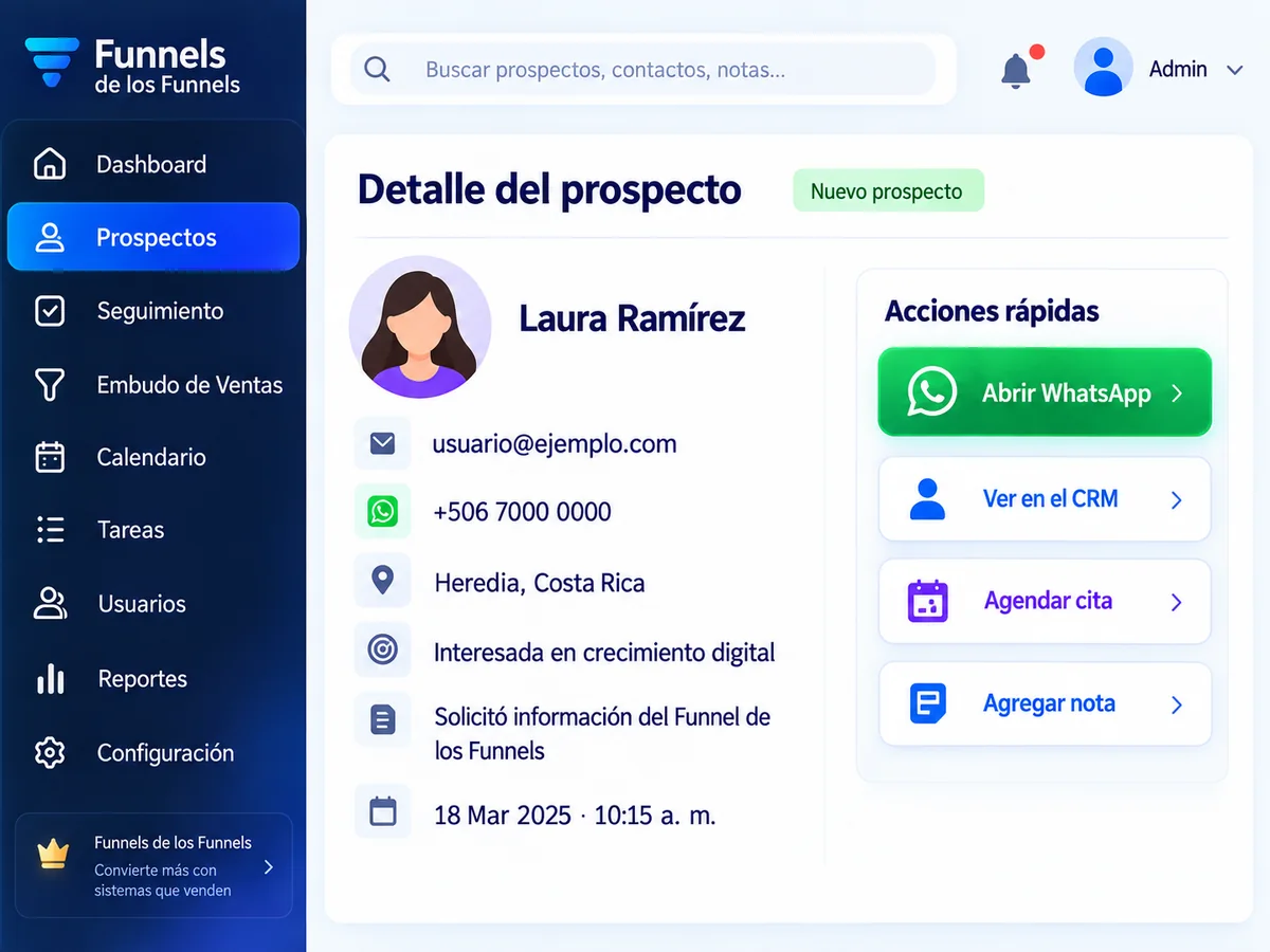 CRM con el detalle de un prospecto y el botón para abrir WhatsApp