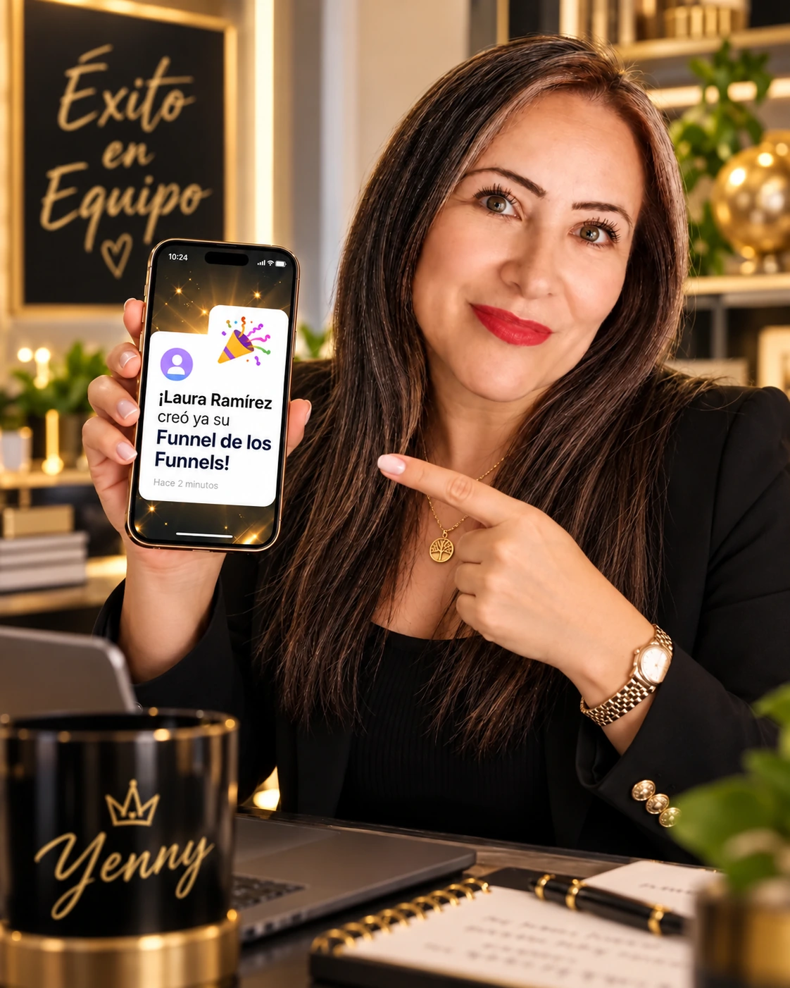 Yenny Mendivelso mostrando que Laura Ramírez ya creó su Página Web Personalizada + CRM y Agenda Gratis con su link de referidora